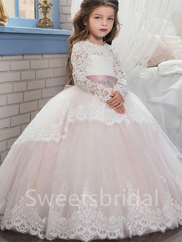 BeautifuI Long sleeves A Line Lace applique Flower Girl Dresses,FGS0044