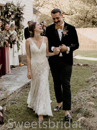 Simple V-neck Spaghetti straps Mermaid Lace applique Wedding Dresses, DB0224