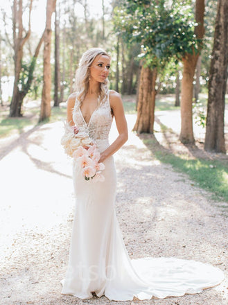 Simple V-neck Mermaid Lace applique Wedding Dresses,DB0245