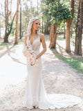 Simple V-neck Mermaid Lace applique Wedding Dresses,DB0245