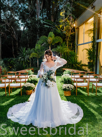 Simple V-neck Lone sleeves  A-line Lace applique Wedding Dresses,DB0217