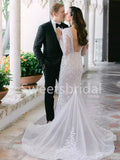 Elegant Deep v-neck Lone sleeves Mermaid Lace applique Wedding Dresses, DB0253