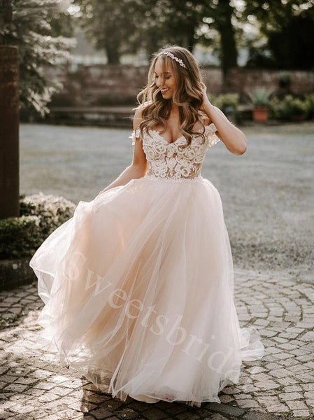 Elegant Off shoulder Sweetheart A-line Lace applique Wedding Dresses,DB0331