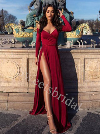 Sexy V-neck Long sleeves Sise slit A-line Prom Dresses,SW1843
