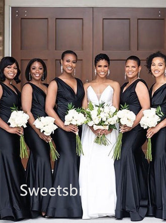 Black V-neck Mermaid Floor-length Elegant Simple Long Bridesmaid Dresses ,SWE1345