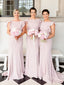 Cheap Light Pink Ruffle Sleeves Sweep Trailing Mermaid Long Bridesmaid Dresses, SW1032