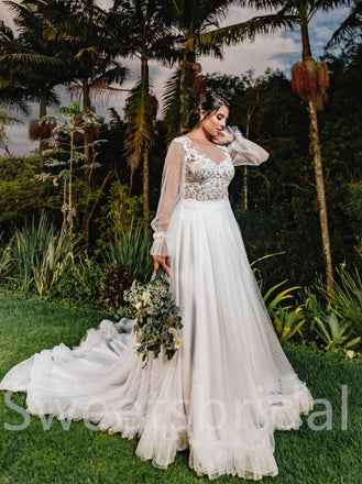 Simple V-neck Lone sleeves  A-line Lace applique Wedding Dresses,DB0217