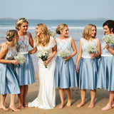 Short Summer Beach Junior Pretty Blue Satin White Lace Sleeveless Scoop Neck Bridesmaid Dresses, WG181