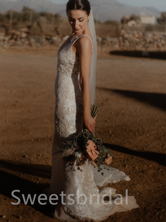 Simple Sexy v-neck Spaghetti straps Mermaid Lace applique Wedding Dresses, DB0209