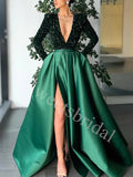 Elegant V-neck Long sleeves Side slit A-line Prom Dresses,SWW1726
