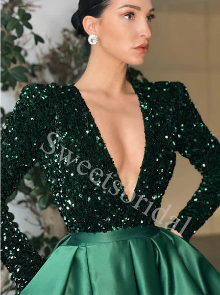 Elegant V-neck Long sleeves Side slit A-line Prom Dresses,SWW1726