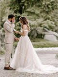 Elegant Off shoulder Sweetheart A-line Lace applique Wedding Dresses,DB0331