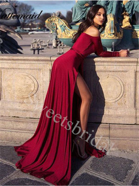 Sexy V-neck Long sleeves Sise slit A-line Prom Dresses,SW1843