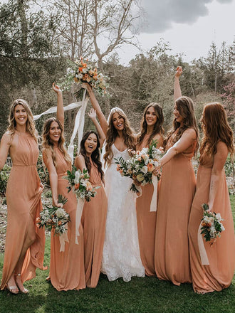 Dusty Orange Halter Floor-lengh Chiffon Bridesmaid Dresses,SWE1240