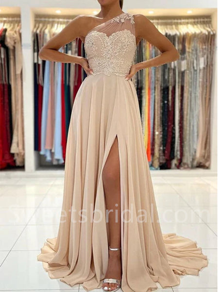 Elegant One-shoulder Side slit A-line Prom Dresses, SW1497