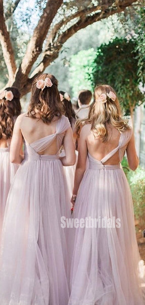Charming One-shoulder Tulle Floor Length Long Bridesmaid Dresses. SW1166