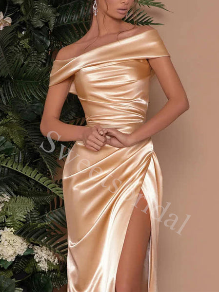 Elegant Off shoulder Sleeveless Side slit Sheath Prom Dresses,SWW1732