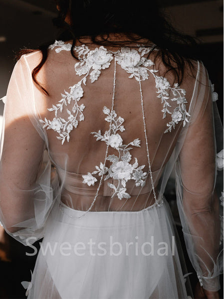 Sexy V-neck Long sleeves  A-line Lace applique Wedding Dresses, DB0218