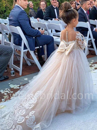 Beautiful Square Long sleeves Tulle A Line FlowerGirl Dresses, FGS0034