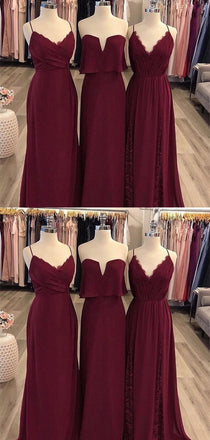Simple A Line Spaghetti Strap Chiffon Burgundy Long Bridesmaid Dresses, DPB162