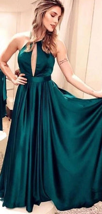 Simple Halter Criss Cross A Line Satin Long Evening Prom Dresses, MD384