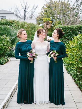 Simple Green Round Neck Long Sleeves A Line Long Bridesmaid Dresses, SW1057