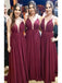 Elegant Spaghetti Strap Burgundy Chiffon A Line Long Bridesmaid Dresses, SW1091