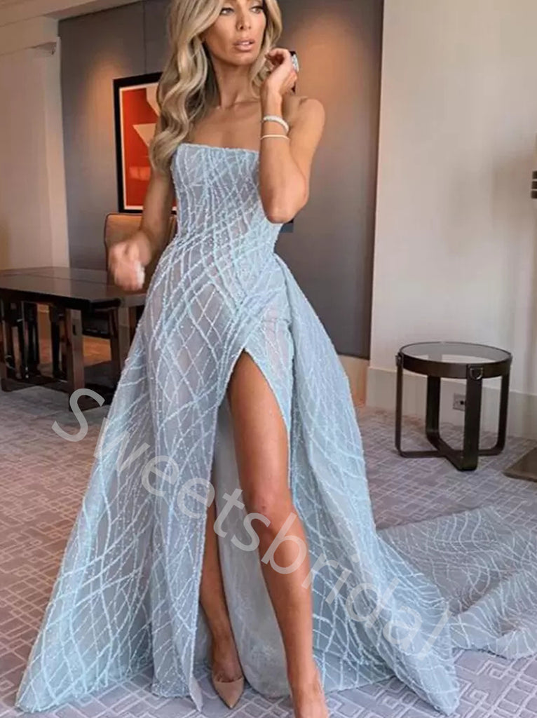 Sexy Strapless Sleeveless Side slit A-line Prom Dresses,SW1930