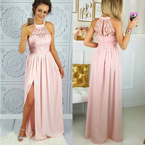 Elegant Halter A Line Side Slit Lace Top Floor Length Long Prom Dresses, MD417