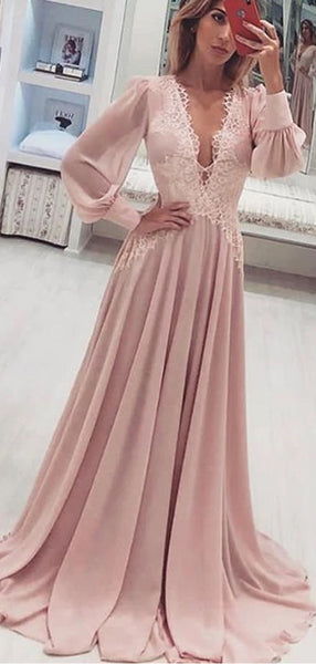 Fashion A Line V Neck Long Sleeves Lace Applique Chiffon Long Prom Dresses, MD399