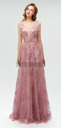 Pretty Deep V Neck Backless A-line Lace Long Prom Dresses, MD604