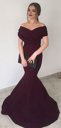 Unique Off The Shoulder V Neck Sweep Trailing Satin Mermaid Long Prom Dress, MD426