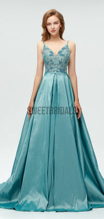 Unique Taffeta Backless A-line Long Prom Dresses With Beads,MD603