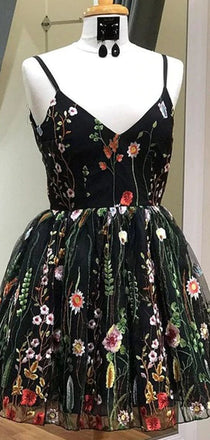 Unique Spaghetti Strap Black Lace A Line Short Homecoming Dress, BTW181