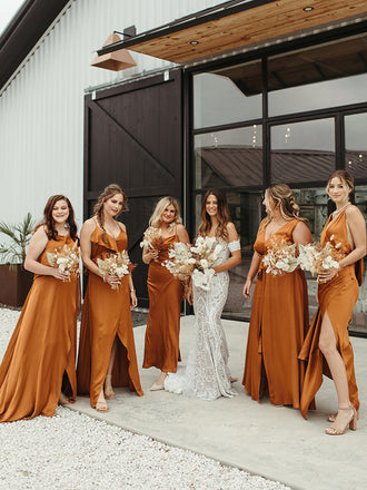 Pretty Mismatched V-neck Side Slit Long Bridesmaid Dresses, SW1040