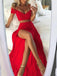 Two Piece Bright Red Off Shoulder Spaghetti Straps High Side Split Prom Dresses,PD0126