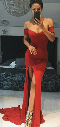 Sexy Off The Shoulder V Neck High Side Slit Long Prom Dresses ,MD350