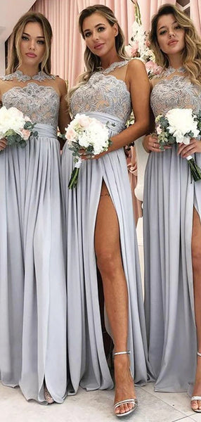 Pretty Sheer Neck Lace Top A Line Side Slit Chiffon Long Bridesmaid Dresses, SW1010