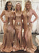 Mismatched Side Slit Sweep Trailing Sequined Mermaid Long Bridesmaid Dresses, SW1060
