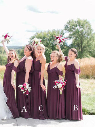 Cheap Spaghetti Strap A Line Mismatched Chiffon Long Bridesmaid Dresses, SW1009