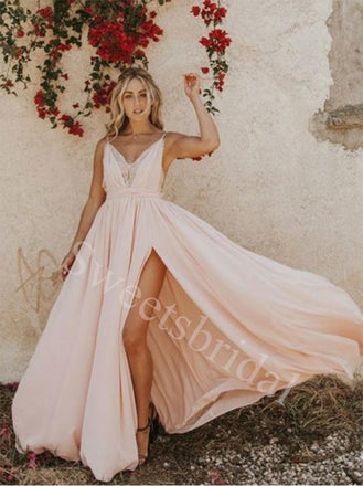 Elegant Spaghetti straps V-neck Sise slit A-line Prom Dresses,SW1841