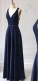 Simple Navy Blue V Neck A Line Sleeveless Floor Length Long Prom Dresses, MD414