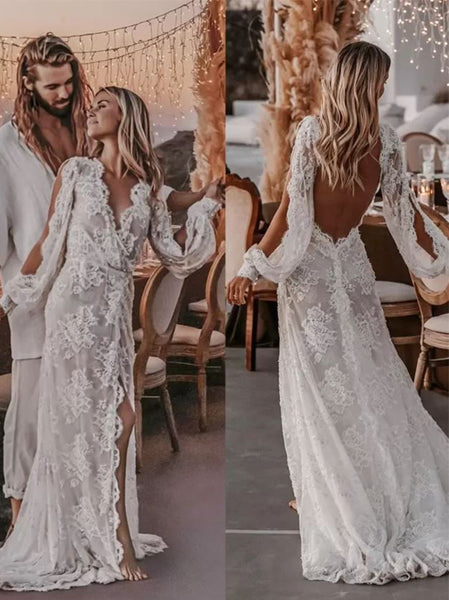 Elegant V-neck Side slit A-line Lace applique Wedding Dresses,DB0270
