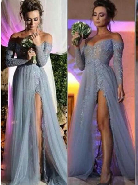 Popular Off Shoulder Long Sleeve Lace Sexy High Split Side  Elegant A-line Prom Dress Bridesmaid Dress. PD0021