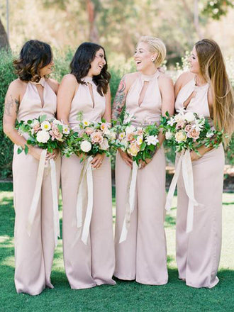 Light Pink Satin Chiffon Halter Jumpsuit Bridesmaid Dresses, WG20