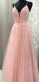 Elegant A Line Spaghetti Strap V-neck Long Prom Dresses With Appliques , DPB158