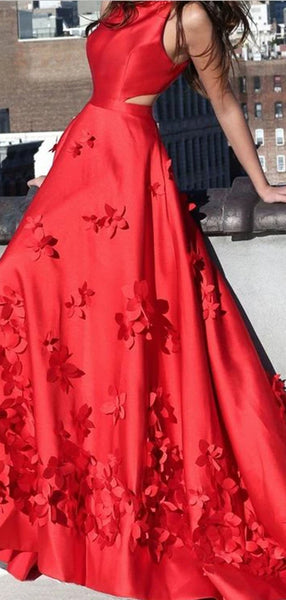 Hand Made Red A Line High Neck Sweep Trailing Long Prom Dresses, MD394
