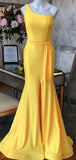 Simple One Shoulder Light Yellow Mermaid Long Evening Prom Dresses, MD391