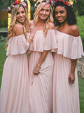 Cheap Light Blush Pink Off The Shoulder A Line Chiffon Long Bridesmaid Dresses, SW1024