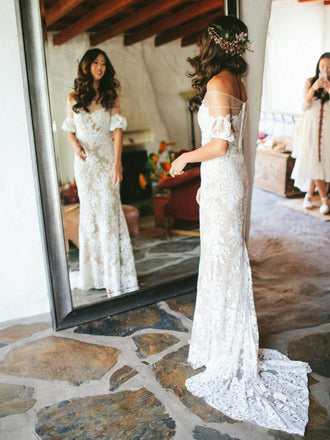 Vintage Off Shoulder Half Sleeve See Through Ivory Lace Nude Wedding Dresses, WD0009